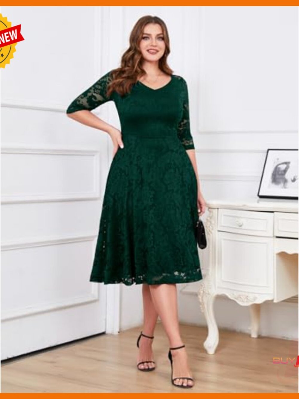 Long Sleeve Lace A-Line Midi Dress Formal Wedding Guest Party Cocktail - Picture 2 of 7